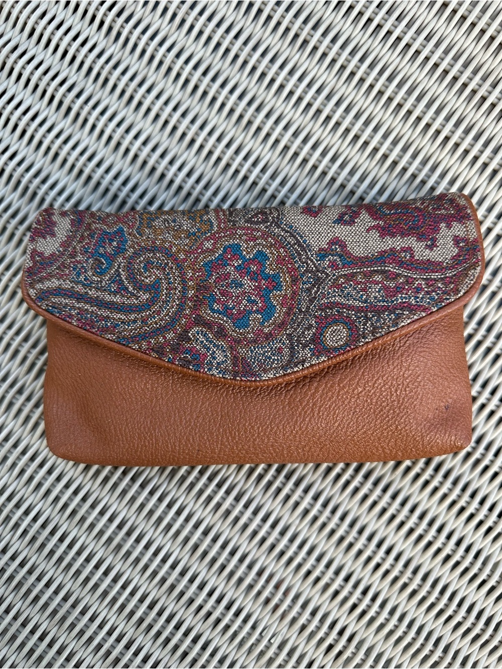 Vintage Brown Leather Clutch with Paisley Multicolor Flap